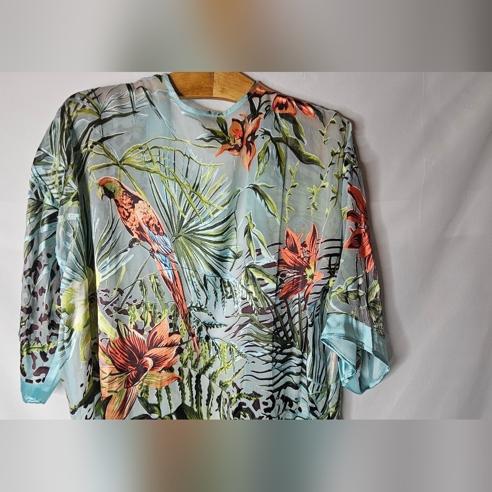 Chicos Tropical Parrot Ruana Multi-Colored Aqua Semi-Sheer Kimono Size S/M - Picture 6 of 9